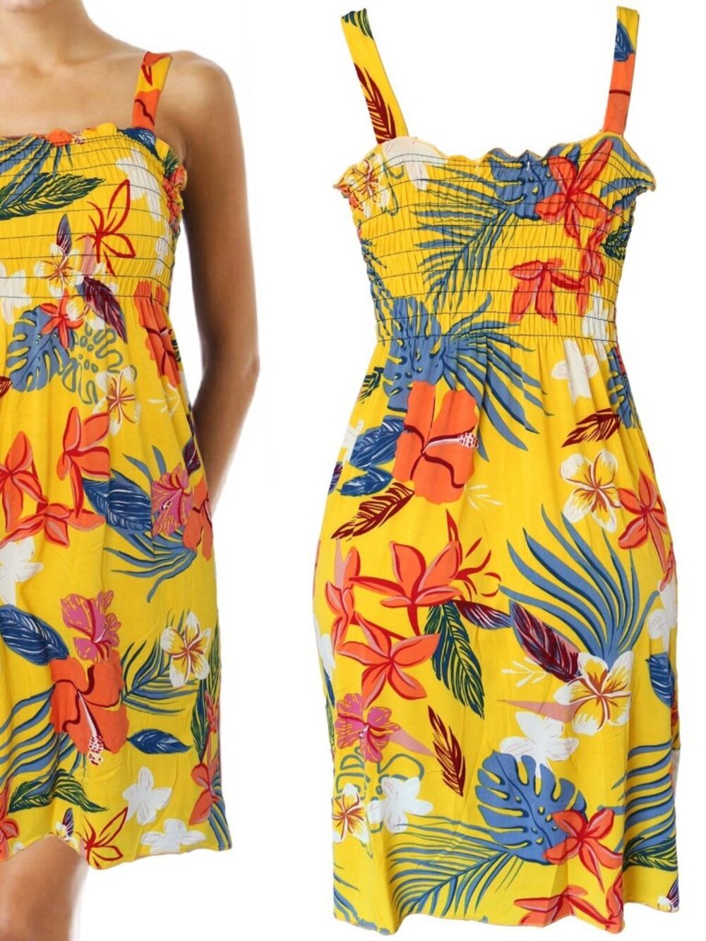 Flower Summer Sundress Women Hawaiian Beach Cover Up Sleeveless Smocked Dress